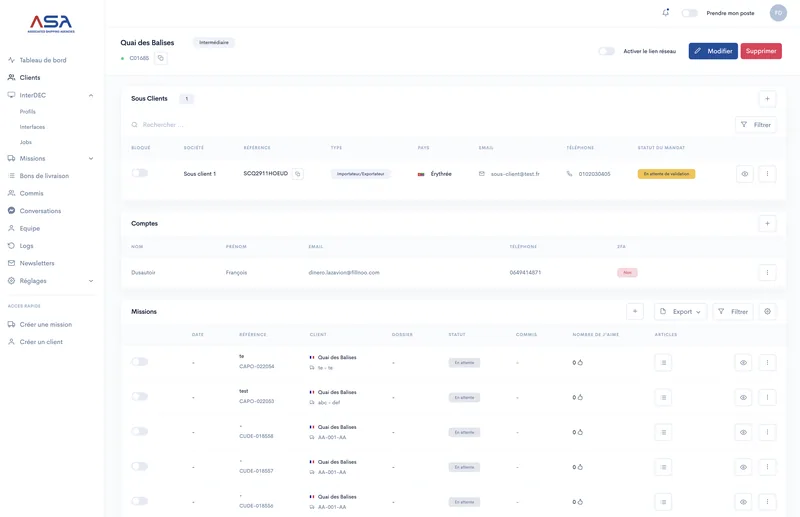 Interface de suivi des missions terrain sur tablette ASA Links